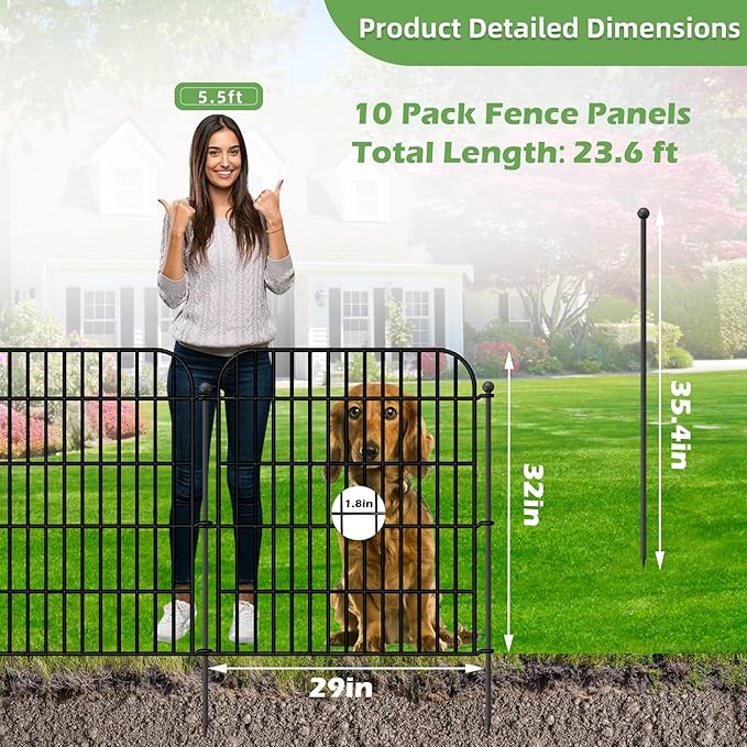 Decorative Garden Fence, 10 Panels 32 in(H) X 23.6 ft(L) Rustproof Metal Wire No Dig Dog Fence Outdoor for Yard, Temporary Tall Garden Fence Animal Barrier Decor for Yard & Patio
