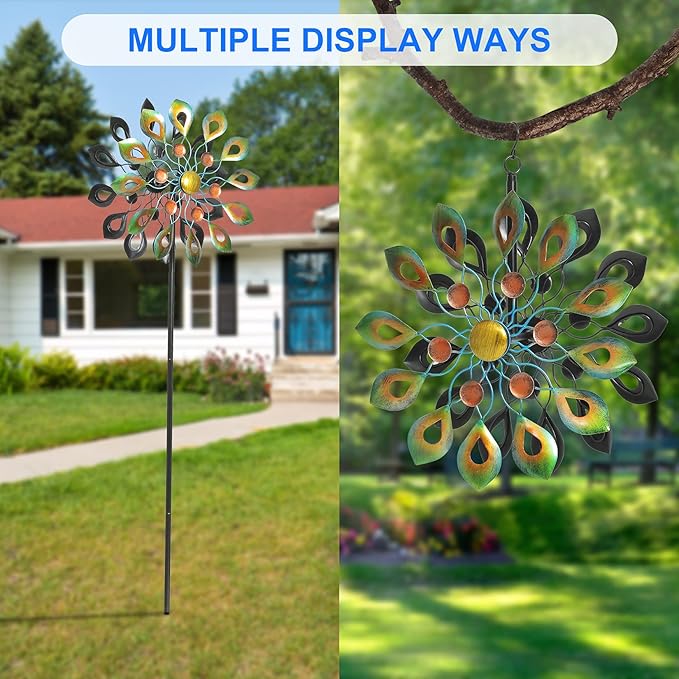 63 Inch Kinetic Wind Spinners with Stake, Metal Windmill Garden Decorations, 360 Swivel Peacock Outdoor Wind Sculpture, Dual Direction Wind Catcher for Yard Art, Lawn Decor, Idea Gifts