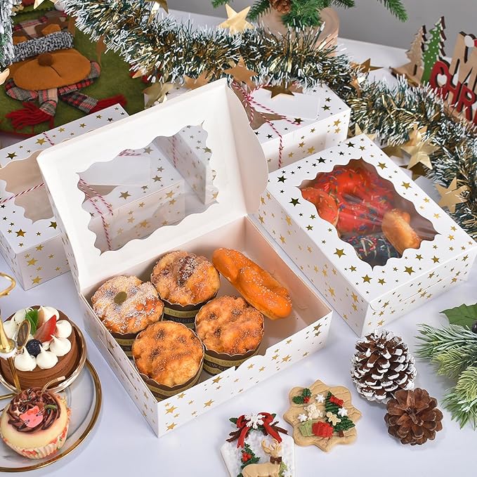 12Pcs 8"x6"x2.5" Christmas Cookie Boxes with Window, White Bakery Boxes for Cookie, Treat Boxes Pastry Boxes for Gift Giving, Chocolate Covered Strawberries, Dessert, Donut, Cupcakes Muffins