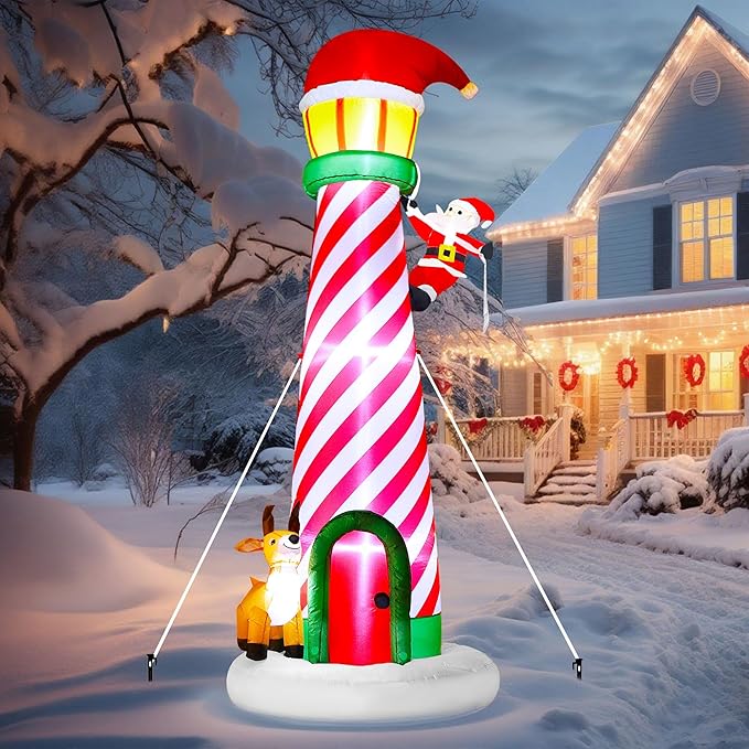 10FT Christmas Inflatable Yard Decoration, Giant Blow Up Lighthouse with Santa and Reindeer with Built-in LED Lights & Drawstring Bags for Yard Lawn Garden Holiday Outdoor Decor