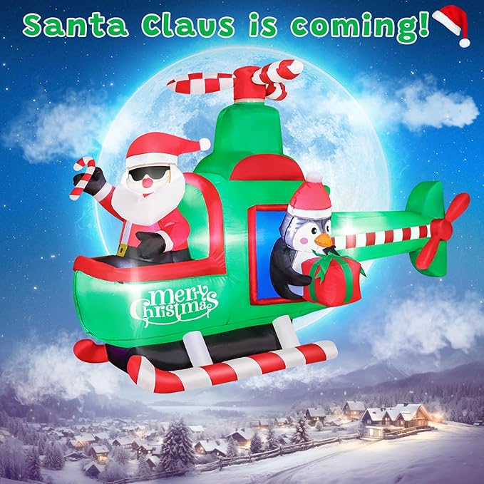 FunFanso 6.5FT Christmas Inflatable Santa Claus on Helicopter Outdoor Decorations with Bright LED Lights, Christmas Blow Up Santa Flying Airplane with Penguin for Xmas Decor Lawn Yard Holiday Party