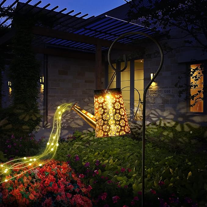 Solar Watering Can with Lights, Solar Lights Outdoor Garden Waterproof Metal Watering Can with Cascading Lights, Solar Lantern Decor for Garden Yard Patio, Gardening Present for Women Mom Birthday