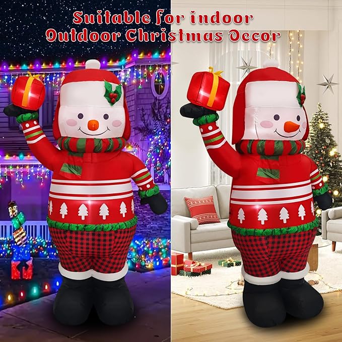 6FT Christmas Inflatable Snowman Decoration Blow Up Snow Man with Red Sweater & Presents Holiday Yard Decor Perfect for Outdoor Winter Lawn, Garden, or Porch Display Outside Décor