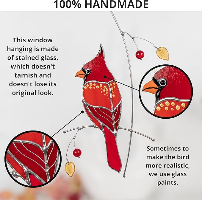 Hummingbird Cardinal Birds Stained Glass Suncatcher Genuine Stained Glass Window Hangings Unique Indoor Ornament & Outdoor Decor (Golden Cardinal)