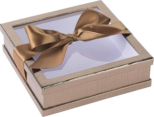 Hammont Clear Window Gift Boxes (3 Pack) Multipurpose Bakery Boxes with Ribbon | Treat Boxes Perfect for Party Favors, Cookies and Cupcakes (Gold, 6” x 6” x 2”)