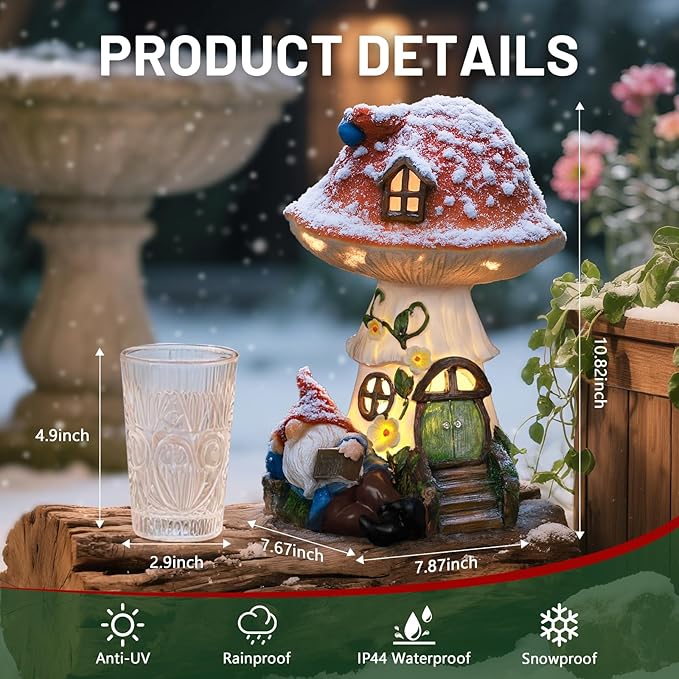 Solar Mushroom Gnome Reading Light, Weatherproof Resin Fairy Garden Figurine Decor Auto On/Off - Book Lover for Pathway & Patio