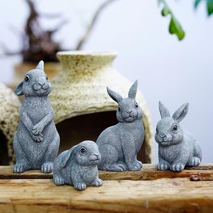 Bunny Garden Decor Outdoor Statues: Rabbit Figurines for Easter Ornaments Patio Lawn Office Decorations Indoor Accessories (4 Pack) - Gifts for Mom Grandma