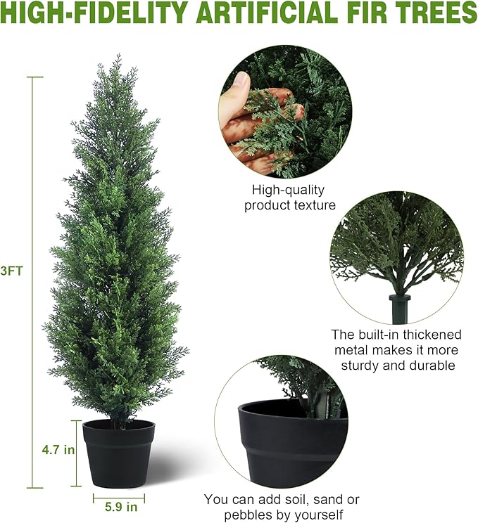 Two 3FT Tall Artificial Evergreen Trees, Beautiful and Realistic Human-Potted False Cypress, an Evergreen Plant for Home Porch Decoration,suitable for interior, office, living room and room decoration