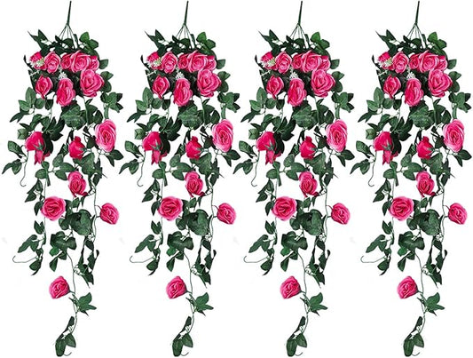 RECUTMS Artificial Rose 4Packs Fake Hanging Flower Faux Ivy Vine Plants for Home Window Garden Office Patio Planter Pathway Front Porch (Rose Red)