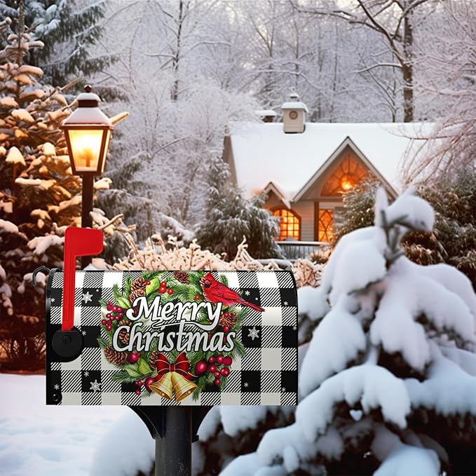 Merry Christmas Mailbox Covers Magnetic Standard Size Winter Buffalo Plaid Mailbox Post Cover Xmas Snowflake Mailbox Wraps Holiday Decor Waterproof 21 X18 Inch