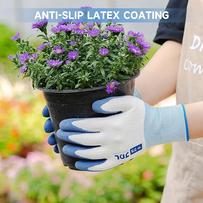 JDL Gardening Gloves for Women, 2 Pairs Breathable Latex Coated Yard Garden Gloves, Rubber Outdoor Protective Work Gloves with Grip, Blue, Medium Size