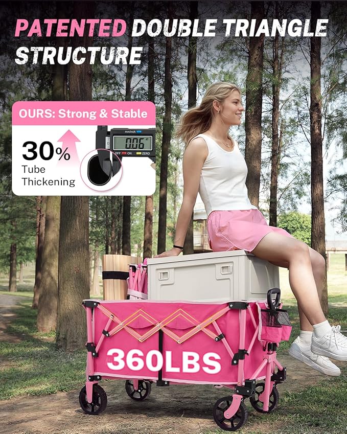 Gonex 38''L Collapsible Foldable Wagon Cart with 360lbs Weight Capacity, 220L Folding Utility Garden Cart with Detachable Wheels for Grocery Sports Shopping Camping - Pink
