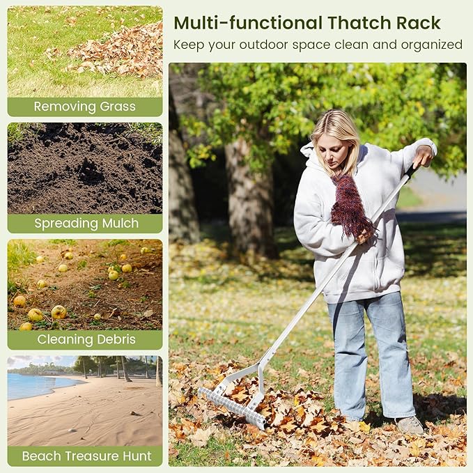 70" Thatch Rake, Lawn Thatching Rake with 20" Wide Adjustable Head, Double Sided Design, 19 Curved Tines & Non-slip Handle, Garden Landscaping Tool Lawn Dethatcher for Yard, Garden & Beach