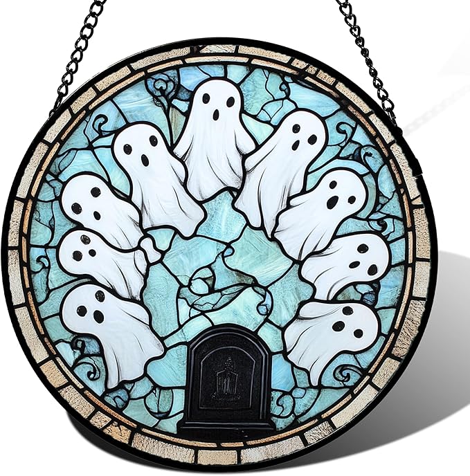 Stained Glass Window Hanging - Halloween Decorations Ghosts Tombstones Suncatcher for Doors Garden Indoor Spooky Funny Sun Catchers Gothic Decor Horror Gifts for Women Men Friend 15 in