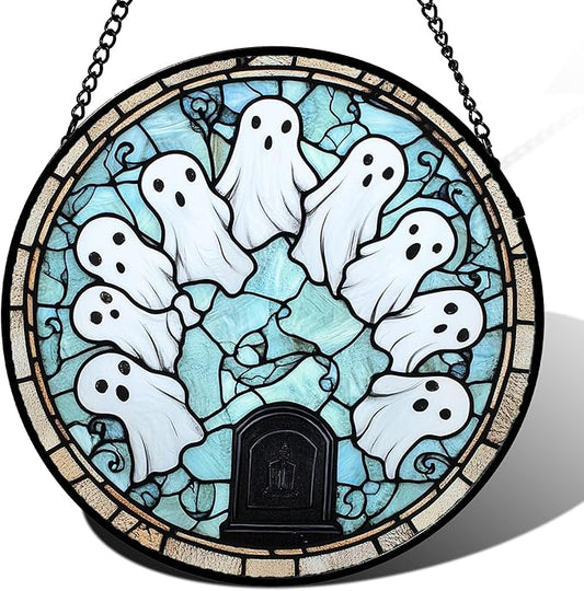 Stained Glass Window Hanging - Halloween Decorations Ghosts Tombstones Suncatcher for Doors Garden Indoor Spooky Funny Sun Catchers Gothic Decor Horror Gifts for Women Men Friend 11.8 in