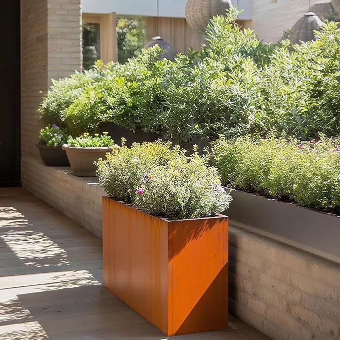 Rusted Metallic Heavy Rectangular Planter 30" x 12" x 24" for Outdoor Plants Corten Steel Outdoor Planter Spliced Flower Box with Partitions for Outside,Indoor,Garden (Corten, 30 * 12 * 24)