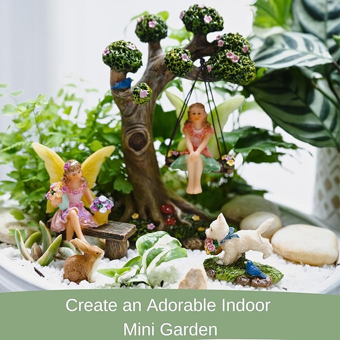 PRETMANNS Fairies for Fairy Garden – Cute Accessories Kit for Indoor or Outdoor Miniature Garden – Figurines, Tree Swing & Puppy Included – 4 Piece Set
