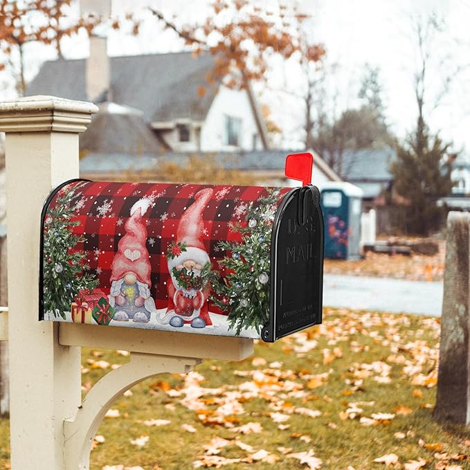 Winter Gnomes Mailbox Cover Magnetic- Standard Size 21x18 Inch- Christmas Trees Winter Snowflakes Red Black Buffalo Plaids Mailbox Wrap Post Cover for Yard Garden Outside Home Decor