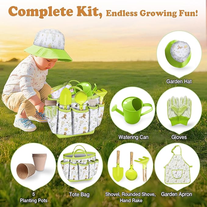 Kids Gardening Tool Set 18PCS Kids Toddler Gardening Set Includes Tote Bag Watering Can Apron Hat Rake Shovel Spoon Gloves Plant Pots and Labels, Outdoor Toys Gift for Boys Girls (Green)