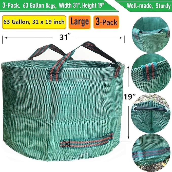 Professional 3-Pack 63 Gallon Lawn Garden Bags Large (D31,H19 inch) Yard Waste Bags w/Gardening Gloves, Standable Big Leaf Bag,Yard Debris,Lawn Trash Container,Grass Clippings Bags,Weeds Bag 4 Handles