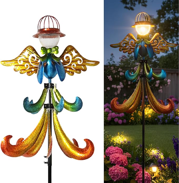 Large Outdoor Wind Spinner with Solar LED Light, Metal Angel Wind Garden Wind Turbine Stake, Weather-Resistant Decorative Solar-Powered Yard Art for Lawn, Patio & Garden