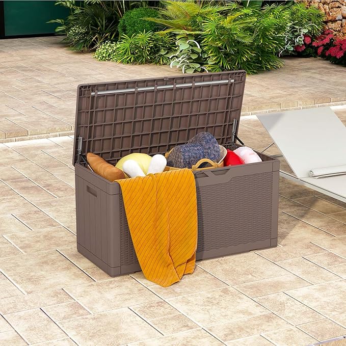 Patiolife 100 Gallon Resin Deck Box with Cushion, Large Outdoor Storage Box for Garden Tools, Pool Supplies, Waterproof and Lockable, Dark Brown