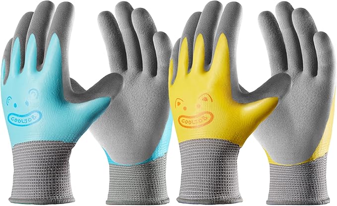COOLJOB 2 Pairs Waterproof Kids Gardening Gloves for Age 2-4, Non-slip Double-layer Rubber Coating,Children Grippy Breathable Toddler Garden Work Gloves, Blue & Yellow, Small