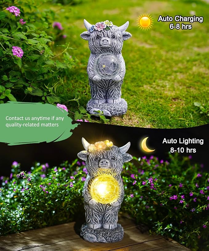 Solar Highland Cow Outdoor Decor:Garden Statue Sculpture Lamp with Ball for Yard Lawn Balcony Patio Porch- Birthday Gifts for Mom Women Grandma(Grey)