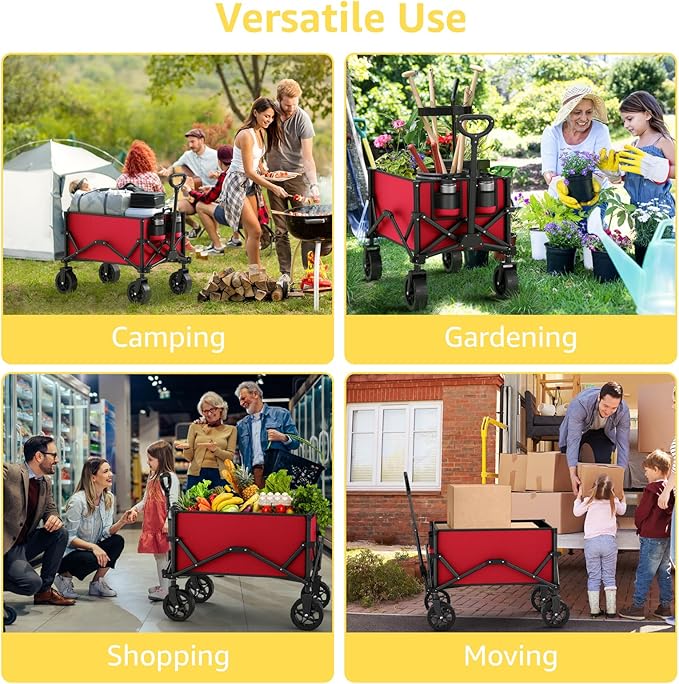 Wine Red Collapsible Wagon with Wheels, Portable Wagons Carts Foldable, Folding Wagon Cart for Groceries, Sports Garden Shopping Utility Wagon