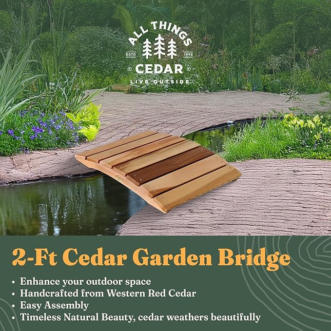 All Things Cedar Outdoor Wooden Garden Bridge for Walkway, Backyard Pond, 2’, Natural