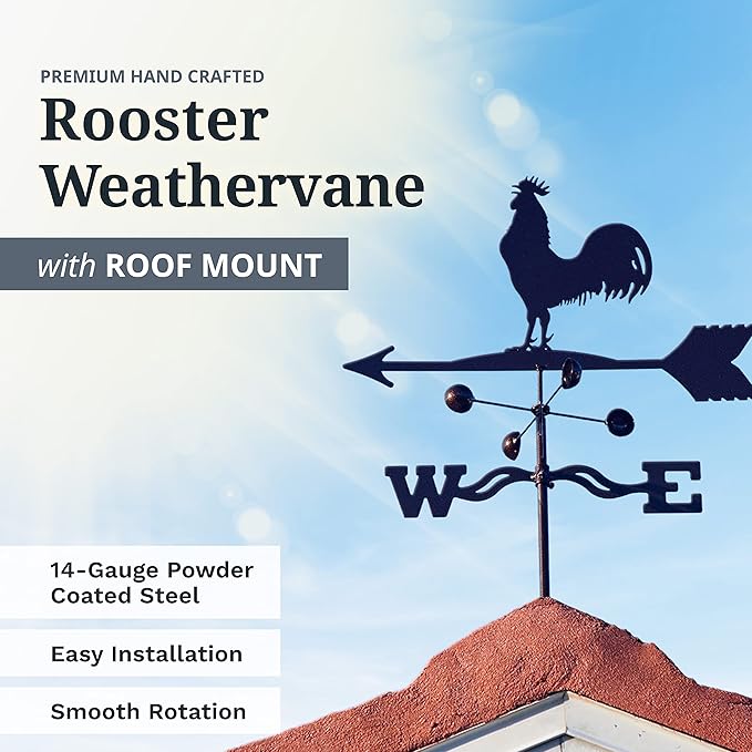 EZ Vane Steel Rooster Weathervane 21” Height, Includes Metal Roof Mount, Wind Cups & Brackets | Hand-Crafted and Family-Owned, Made in The USA with Triple Powder Coating, Limited