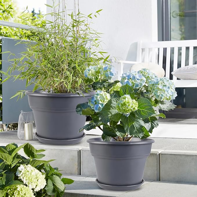 6-inch-Plant-Pots-Indoor-Outdoor, 6 Pack Plastic Planters with Drainage Holes & Saucers, Resin Flower Pots with Trays, Classic Garden Pot Container for House