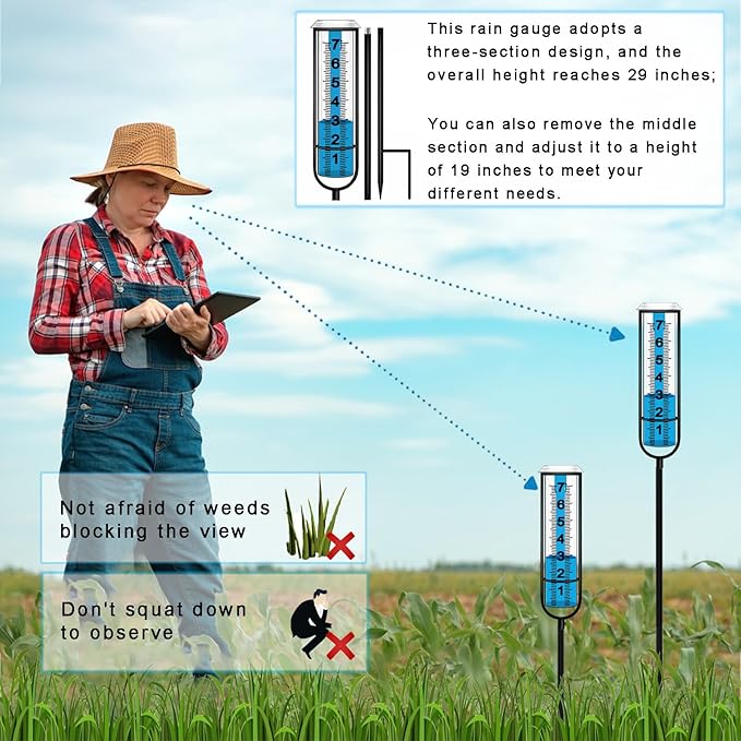Rain Gauge, Freeze Proof Rain Gauge Outdoor with Stake, Upgrade Water Rain Meter, Rain Measure Gauge for Yard, Adjustable Rain Gauges Outdoors Best Rated, Detachable Rain Gauge for Lawn,Garden
