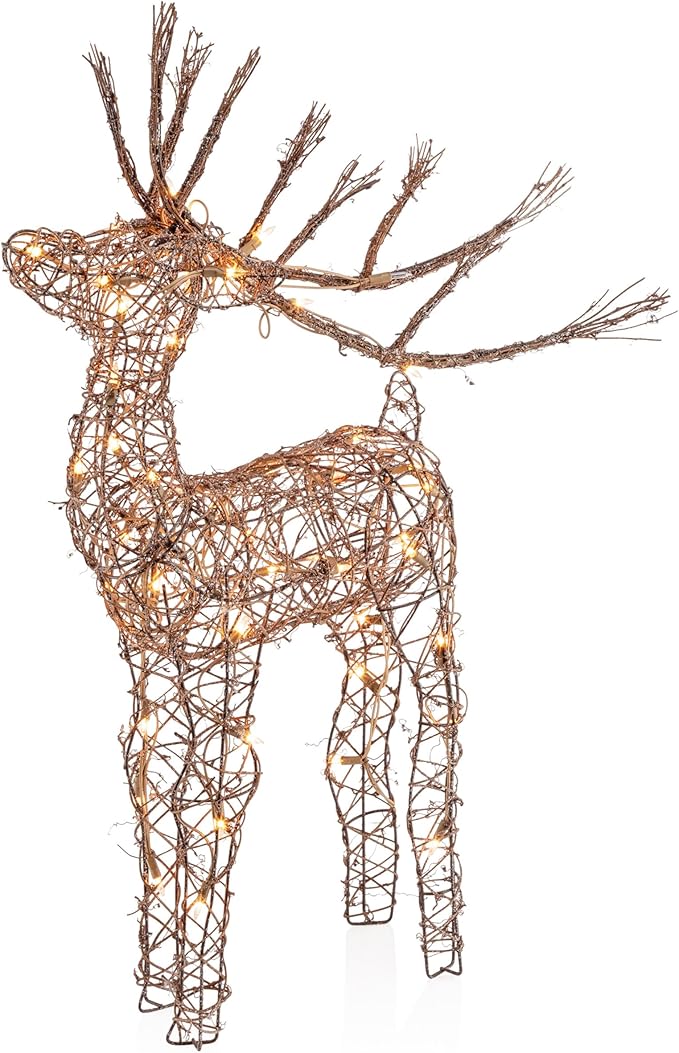 Alpine Corporation 35" Tall Outdoor Lighted Rattan Reindeer Christmas Yard Decoration with 60 Warm White LED Lights for Lawn Display, Brown