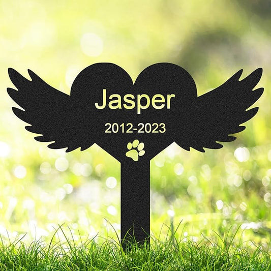 Custom Pet Dog Cat Memorial Grave Marker with Wings and Heart Plaque, Metal Paw Claw Design - Outdoor Cemetery Memorial Stake
