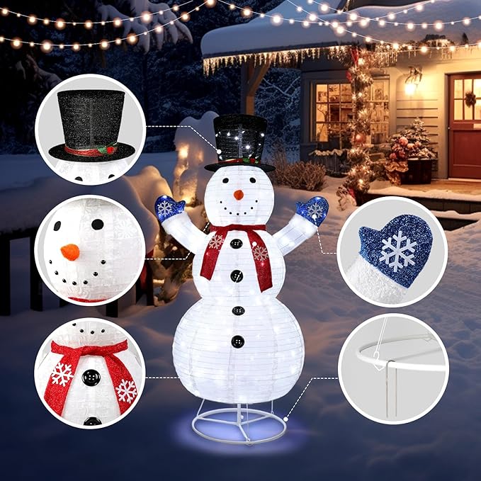 VINGLI 6FT Lighted Snowman Christmas Decorations Outside w/ 200 LED Lights, Pop-up Snowman Ornaments Outdoor with Ground Stakes for Party Holiday Indoor Decor