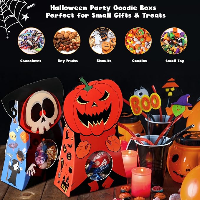 Giiffu 54-Pack Halloween Treat Boxes with Clear Window - 9 Designs Trick or Treat Candy Bags for Kids Party Favors Supplies, Classroom Exchange (6 x 4 x 2 Inches)