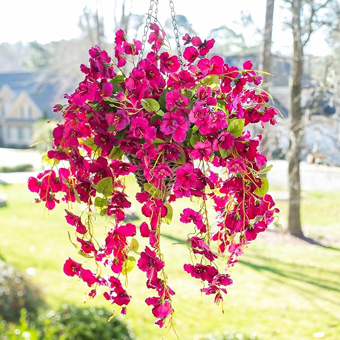 Artificial Hibiscus Fake Hanging Flowers Plants for Outdoors Spring Summer Decor, 4pcs Fuchsia Silk Hibiscus Long Trailing Vines UV Resistant Realistic Faux Flower for Outside Front Door Porch Patio