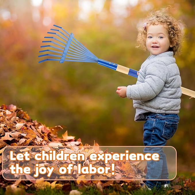 3Pcs Kids Rakes with Hardwood Handle - Metal Kids Leaves Rakes, 28" Child Size Lawn Rakes, Garden Tool Set for Kids Boys and Girls