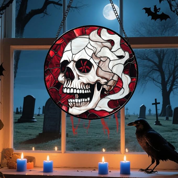 Stained Glass Window Hanging - Halloween Decorations Vampire Skeleton Suncatcher for Doors Garden Indoor Funny Spooky Sun Catchers Gothic Decor Horror Gifts for Women Men Friend 9.8 in