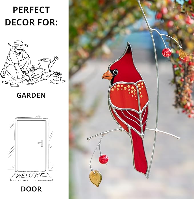 Hummingbird Cardinal Birds Stained Glass Suncatcher Genuine Stained Glass Window Hangings Unique Indoor Ornament & Outdoor Decor (Golden Cardinal)