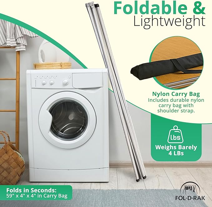 FOL-D-RAK Fully Assembled Lightweight Clothing Rack with Carry Bag. 59" Length Made from Commercial Grade Aluminum. Can Hold Over 50 LBS. Weighs 4 LBS.