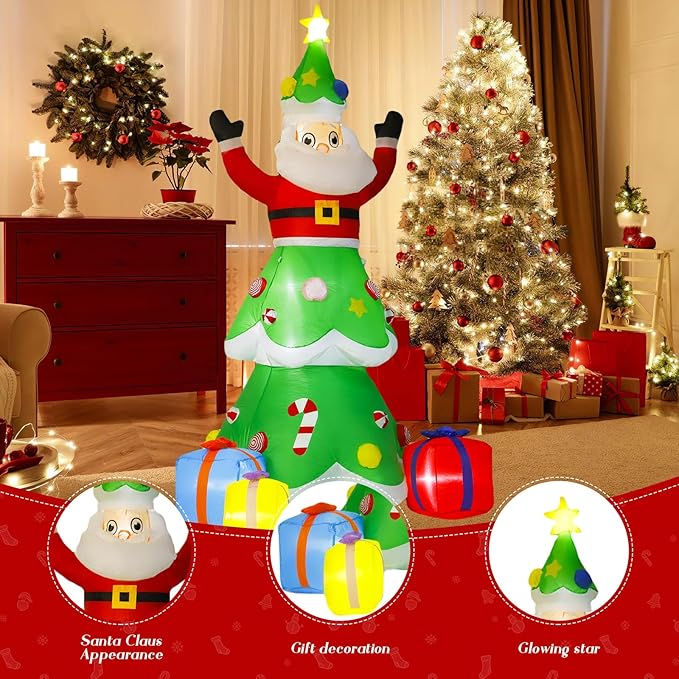 8-Foot Christmas Tree Outdoor Yard Inflatable Decoration with Christmas Santa Claus Decorations (with LED Lights), Includes Gift Box, Perfectly Suitable for Christmas Holiday Lawns and Garden Parties