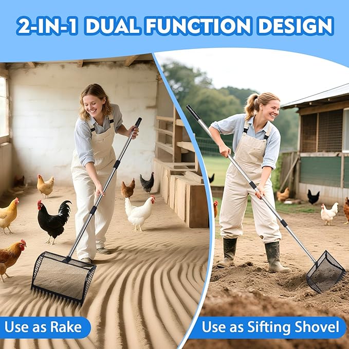 XOTTI 12 Inch Large Chicken Poop Scooper & Rake 2-in-1, Metal Chicken Coop Scoop with 36 to 75" Adjustable Stainless Steel Handle, Durable Sand Litter Sifting Shovel for Farm Animals