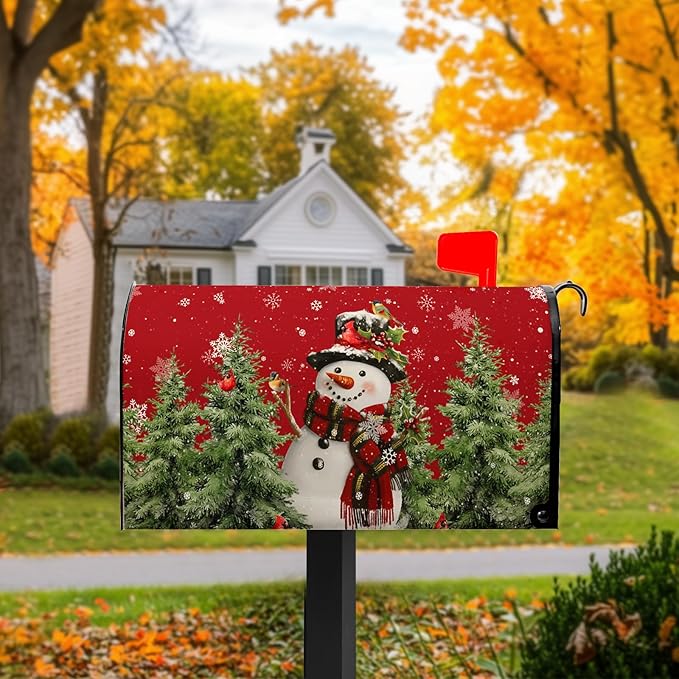 Christmas Snowman Mailbox Covers Winter Red Snowman Magnetic Mailbox Covers Xmas Tree Mail Box Wraps Standard Size 21x18 inch Home Decor Outdoor Yard Decoration for Garden
