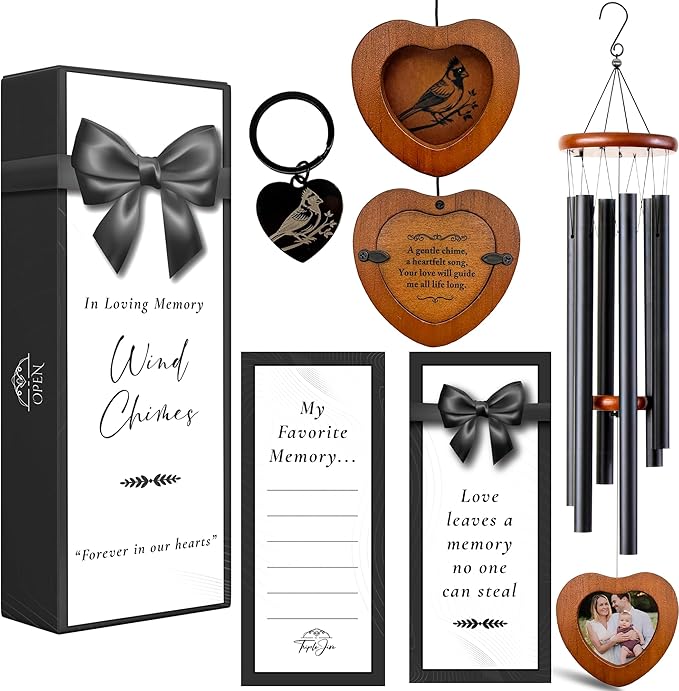 32" Cardinal Memorial Wind Chimes for Outside – Sympathy Wind Chimes for Loss of Loved One – Remembrance Gift for Mom Dad Husband Wife Son Daughter with Optional Photo Pendant & Keychain