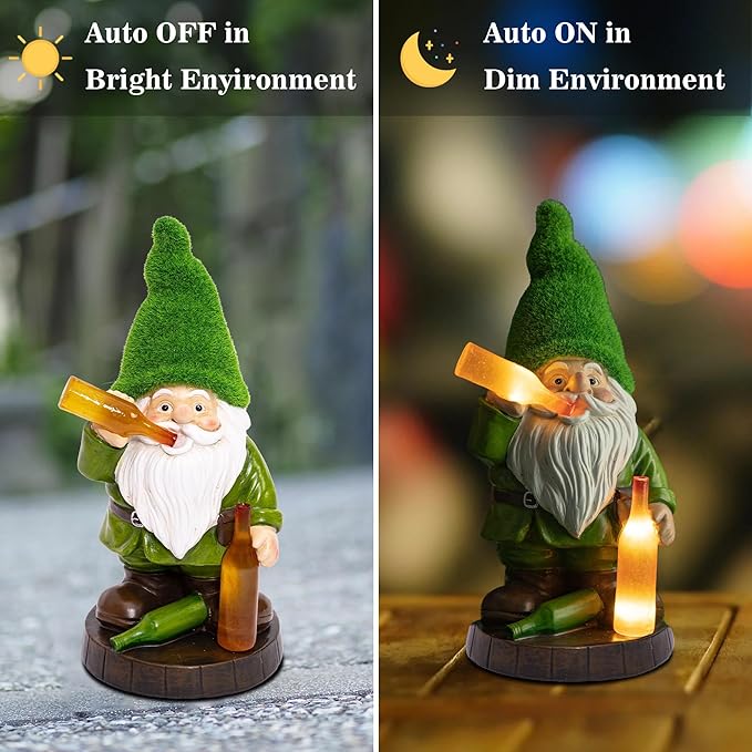 Topadorn Solar Gnome Garden Decor, Garden Gnome Sculptures with Solar LED Lights, 12'' Resin Outdoor Figurine for Yard Patio Decor Lawn Ornaments Porch Gifts