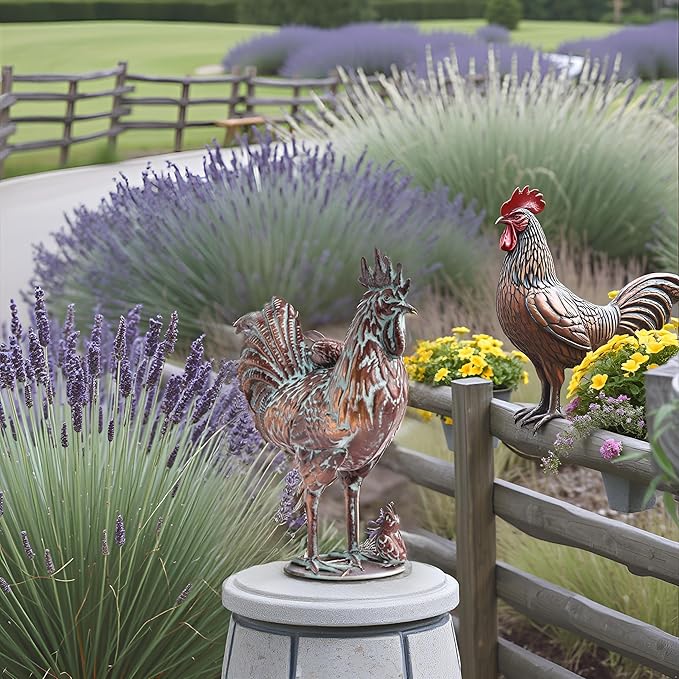 Metal Rooster w/ Chicks Statue Garden Yard Decor,15.7"L x 18.8"H Metal Chickens Yard Art, Vintage Outdoor Chicken Rooster Figurine for Backyard Patio Lawn Home Decoration, Gift for Chicken Lovers