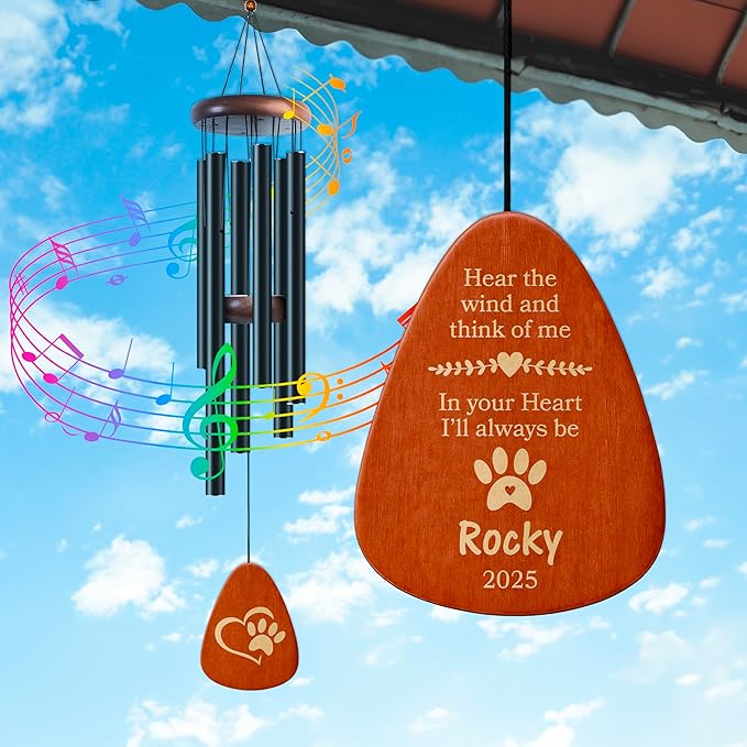 Personalized Pet Memorial Wind Chime - 37" Custom Engraved Pet Loss Gift with Name, Date & Quote - Drop Shape Wooden Pendant & Stainless Steel Tubes, Outdoor/Indoor Remembrance Wind Chime, Black D4