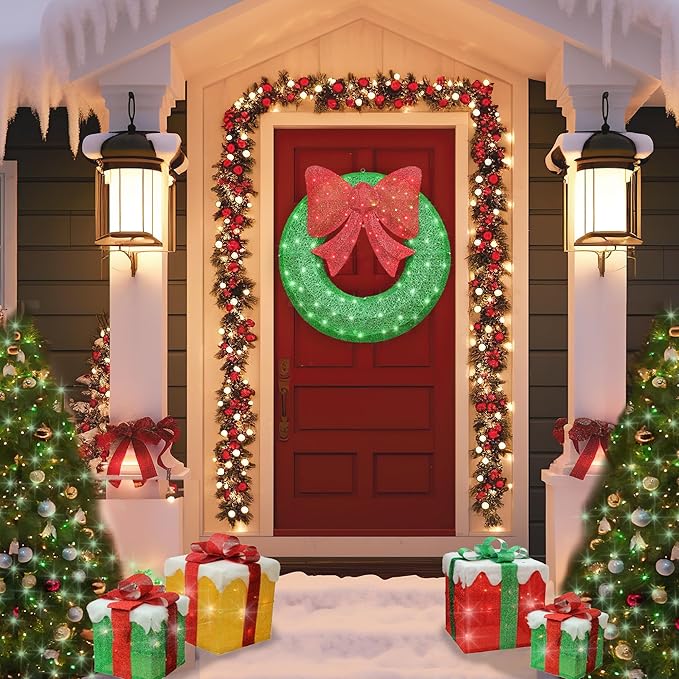 Lamerge 1PC Pre-Lit Outdoor Christmas Wreath Decorations, 36'' Bow Holiday Decor Wreath, Christmas Wreath with 90 Lights, Lights Outdoor/Indoor Decorations for Front Door, Wall, Window, Green